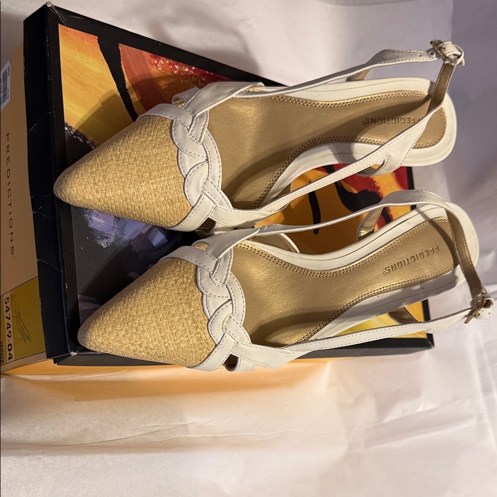Predictions Tan and Off White Braided Pointed Slingback heels; size: 8 1/2
